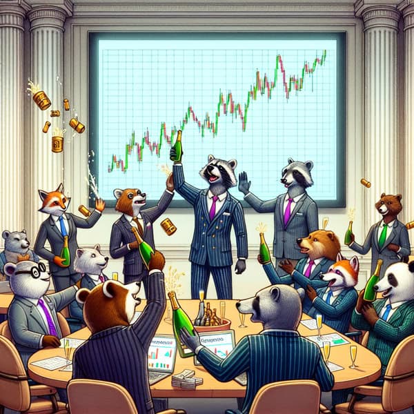 סצנת חגיגה בלשכת מסחר עם לוח מניות המציג את Coinbase מזנקת והשמחה פורצת
